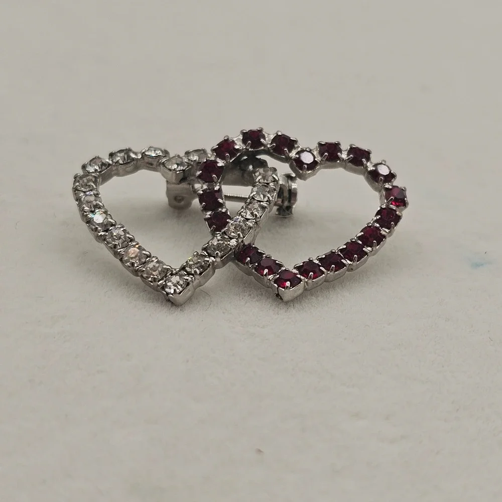 Rhinestone Double Heart Brooch Red Clear Silver Tone Pin Interlocking
